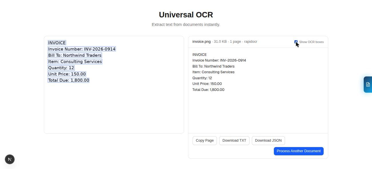 Universal OCR's review screen: an uploaded invoice alongside its extracted text, with OCR bounding boxes overlaid on the source image