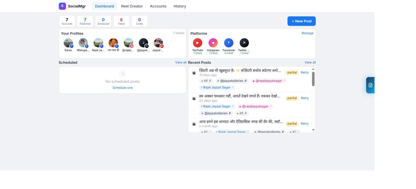 Social Media Manager dashboard showing connected accounts and recent posts